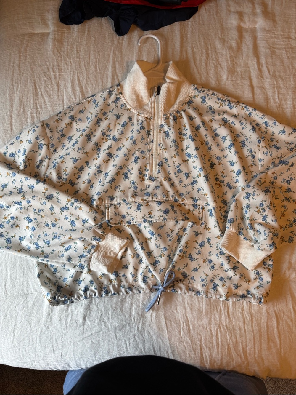 Cream Floral Half-Zip Pullover Sweatshirt with Blue Print